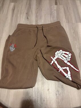 Members Only Brown Sweatpants with White & Red Skeleton Embroidery